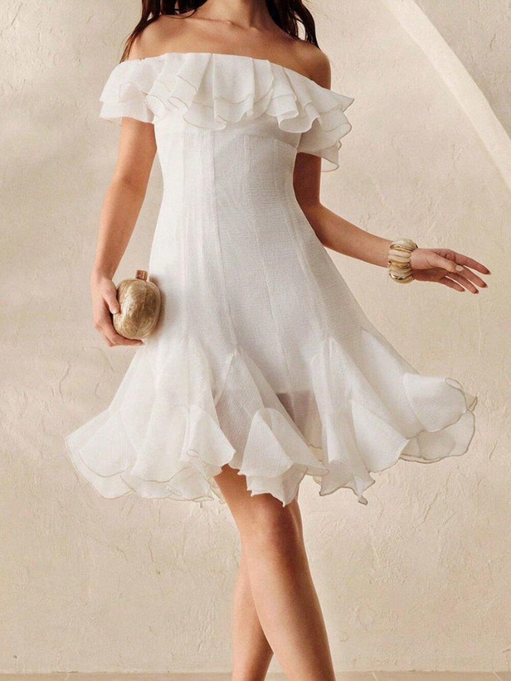 White Elegant Women's Ruffled Textured Off Shoulder Mini Dress